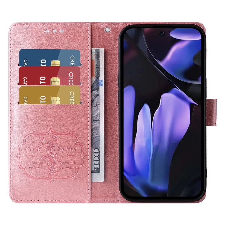 For Google Pixel 9a Leather Case Butterfly Floral Imprint Wallet Stand Cover - Pink