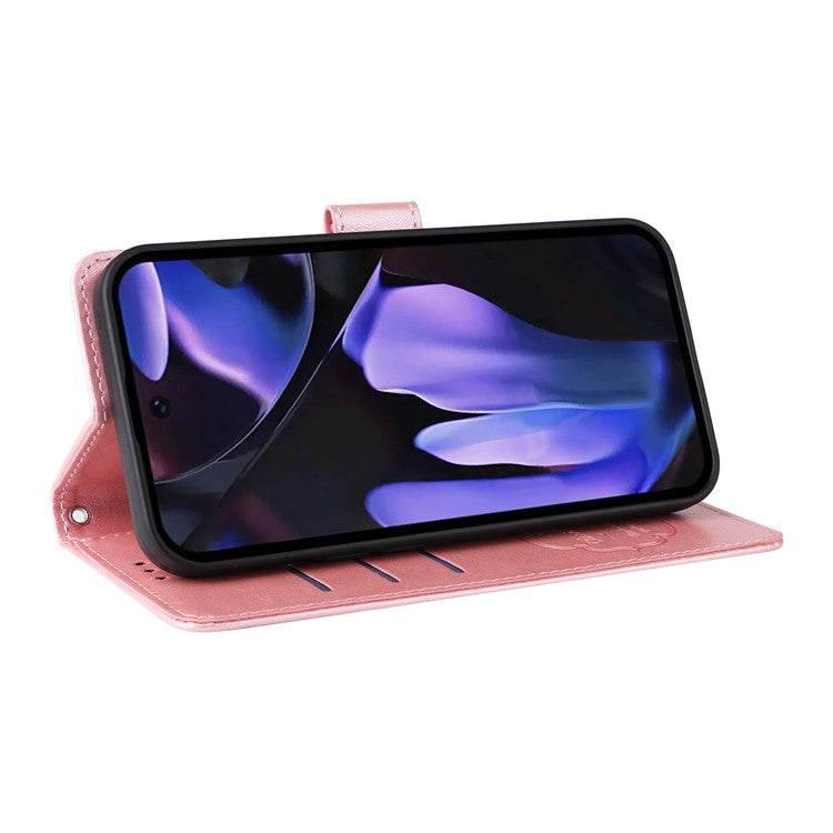 For Google Pixel 9a Leather Case Butterfly Floral Imprint Wallet Stand Cover - Pink