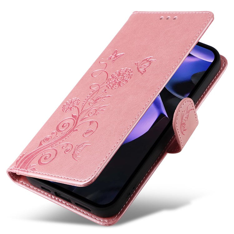 For Google Pixel 9a Leather Case Butterfly Floral Imprint Wallet Stand Cover - Pink