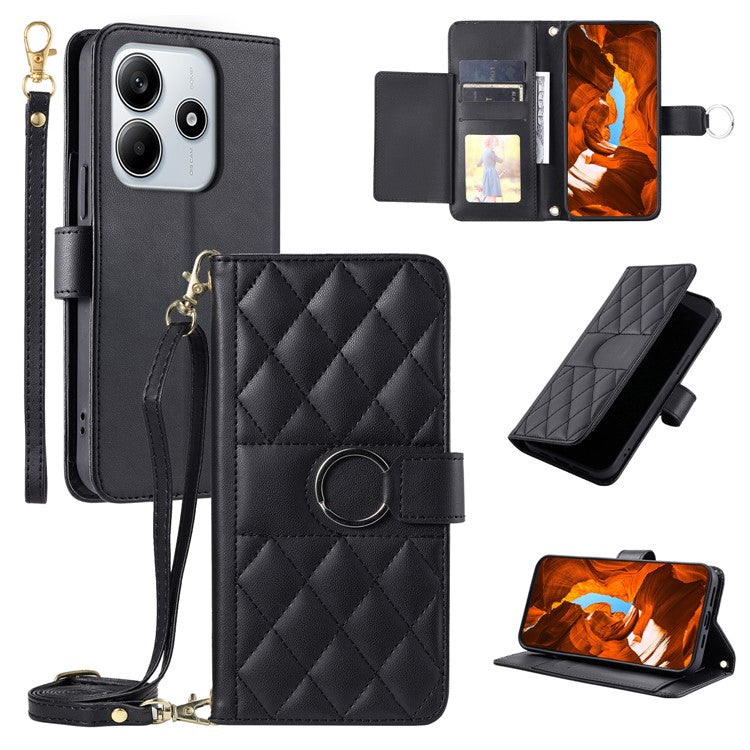 For Xiaomi Redmi Note 14 5G Crossbody Leather Case Ring Buckle Wallet Stand Rhombus Mobile Cover - Black