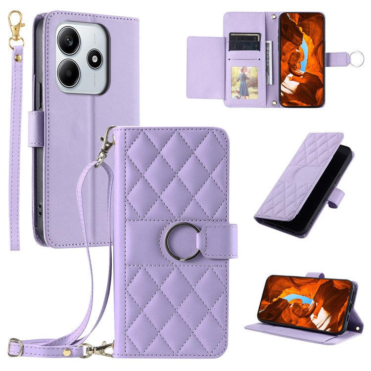 For Xiaomi Redmi Note 14 5G Crossbody Leather Case Ring Buckle Wallet Stand Rhombus Mobile Cover - Purple