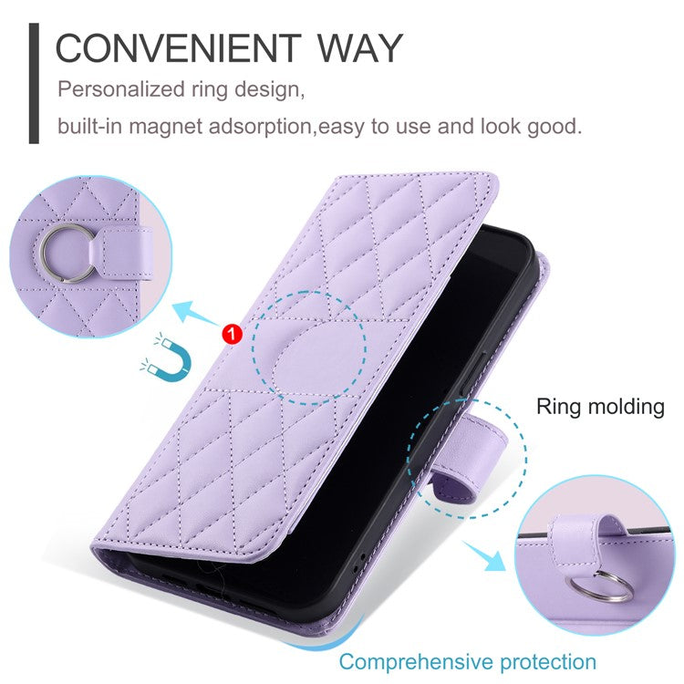 For Xiaomi Redmi Note 14 5G Crossbody Leather Case Ring Buckle Wallet Stand Rhombus Mobile Cover - Purple