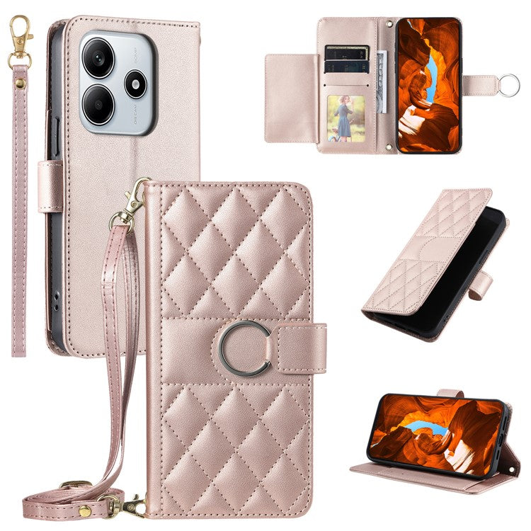 For Xiaomi Redmi Note 14 5G Crossbody Leather Case Ring Buckle Wallet Stand Rhombus Mobile Cover - Rose Gold