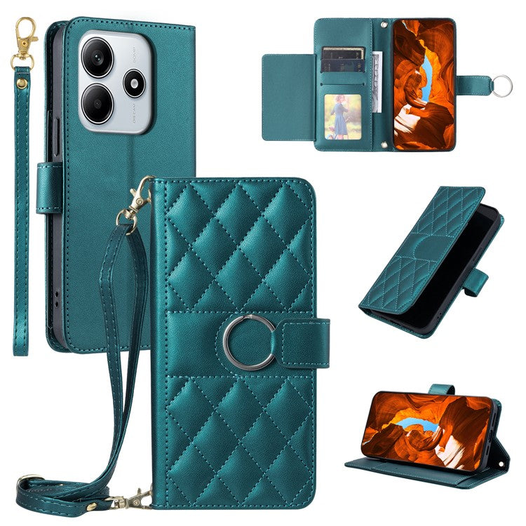 For Xiaomi Redmi Note 14 5G Crossbody Leather Case Ring Buckle Wallet Stand Rhombus Mobile Cover - Green