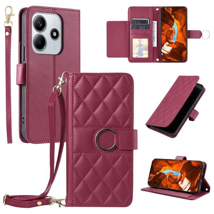 For Xiaomi Redmi Note 14 5G Crossbody Leather Case Ring Buckle Wallet Stand Rhombus Mobile Cover - Red