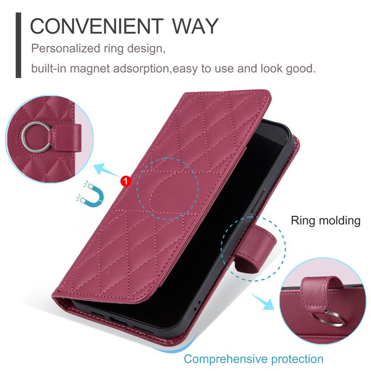 For Xiaomi Redmi Note 14 5G Crossbody Leather Case Ring Buckle Wallet Stand Rhombus Mobile Cover - Red