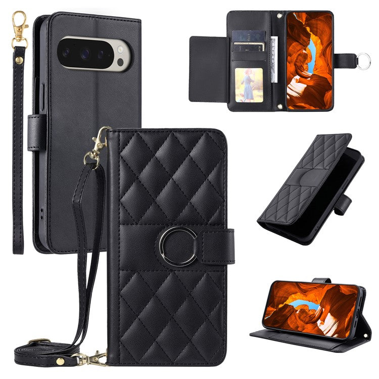 For Google Pixel 9 Pro XL Crossbody Leather Case Ring Buckle Wallet Stand Rhombus Mobile Cover - Black