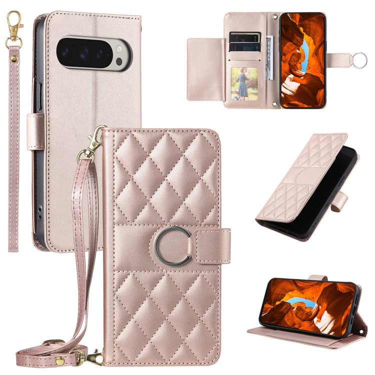 For Google Pixel 9 Pro XL Crossbody Leather Case Ring Buckle Wallet Stand Rhombus Mobile Cover - Rose Gold