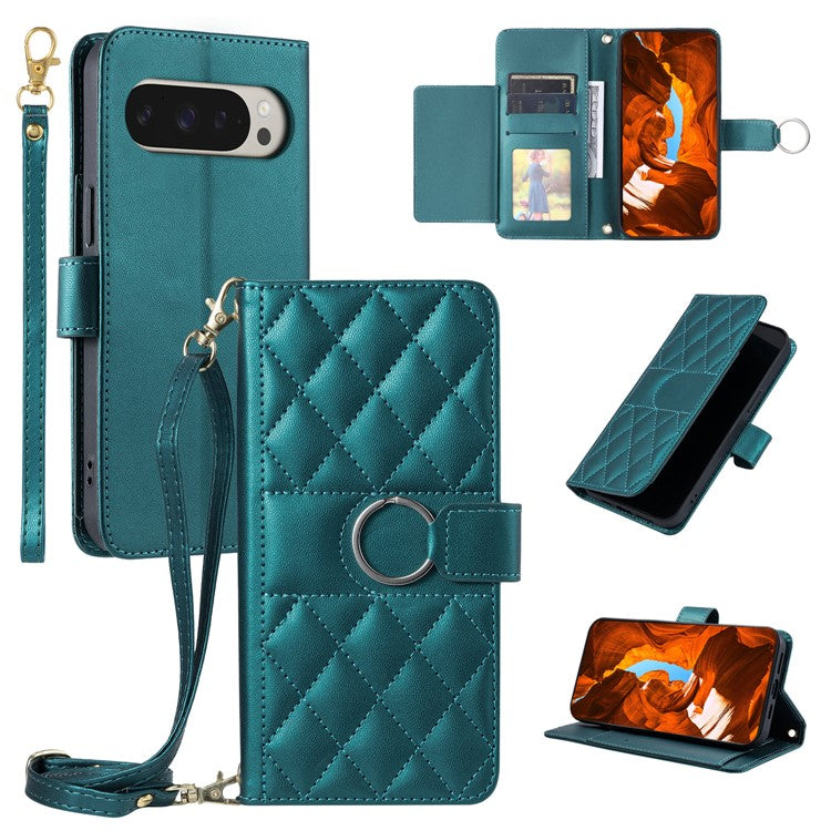 For Google Pixel 9 Pro XL Crossbody Leather Case Ring Buckle Wallet Stand Rhombus Mobile Cover - Green