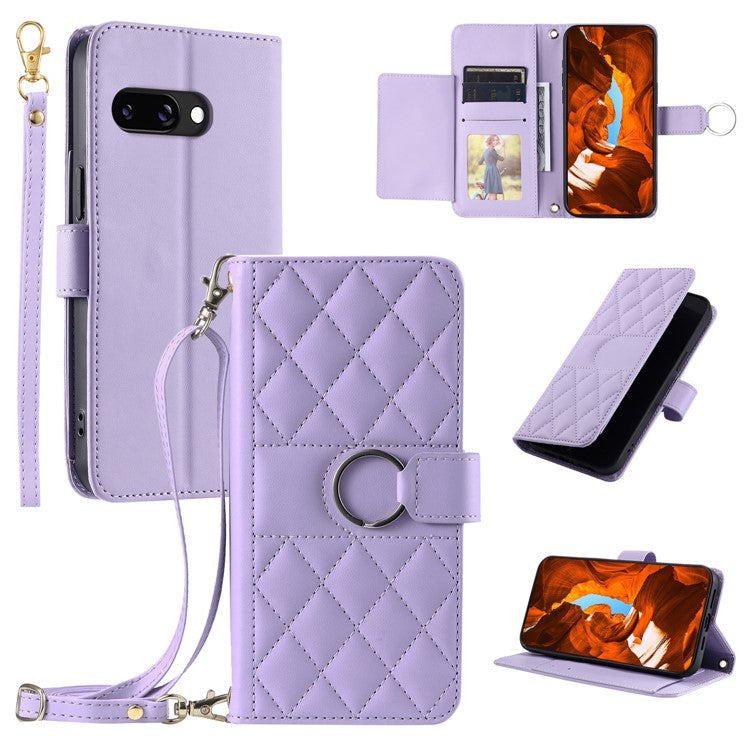 For Google Pixel 9a Crossbody Leather Case Ring Buckle Wallet Stand Rhombus Mobile Cover - Purple