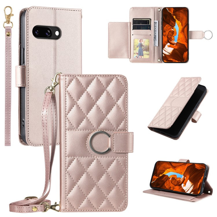 For Google Pixel 9a Crossbody Leather Case Ring Buckle Wallet Stand Rhombus Mobile Cover - Rose Gold