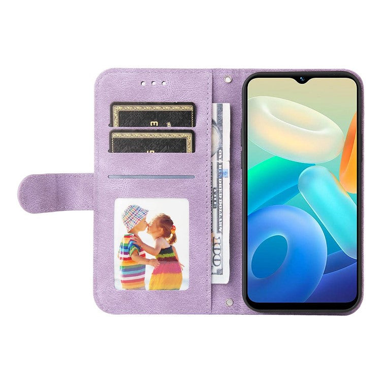 For vivo Y02s 4G / Y16 4G Lines Imprinted Skin-touch PU Leather Wallet Case Tree Pattern Metal Button Stand Flip Shockproof Cover with Strap - Purple