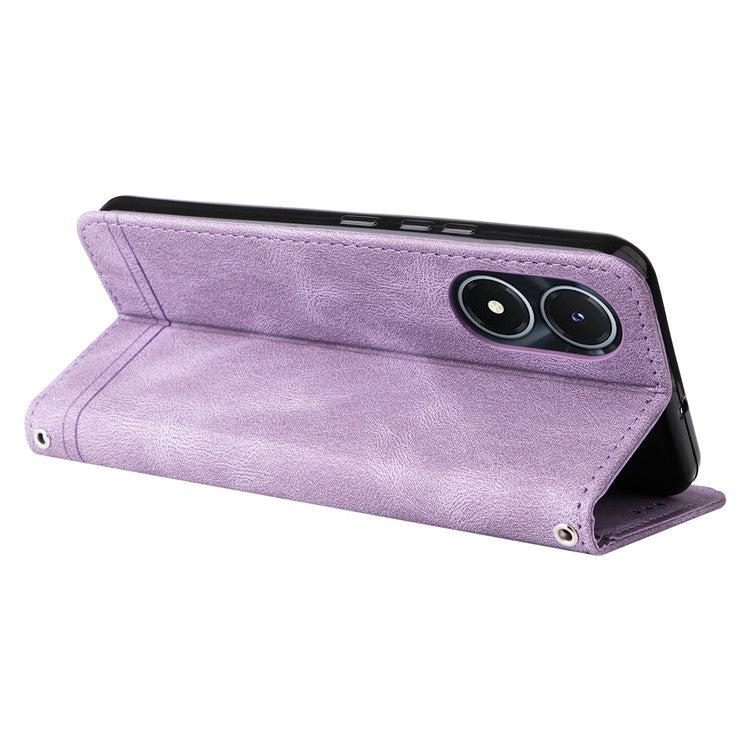 For vivo Y02s 4G / Y16 4G Lines Imprinted Skin-touch PU Leather Wallet Case Tree Pattern Metal Button Stand Flip Shockproof Cover with Strap - Purple