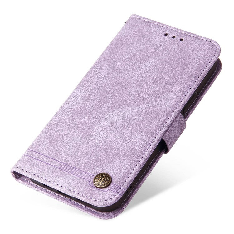 For vivo Y02s 4G / Y16 4G Lines Imprinted Skin-touch PU Leather Wallet Case Tree Pattern Metal Button Stand Flip Shockproof Cover with Strap - Purple