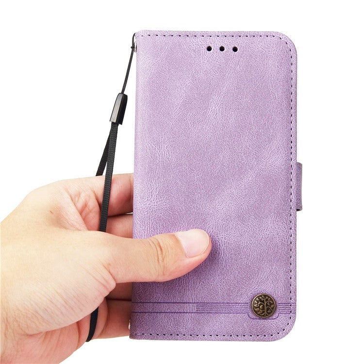 For vivo Y02s 4G / Y16 4G Lines Imprinted Skin-touch PU Leather Wallet Case Tree Pattern Metal Button Stand Flip Shockproof Cover with Strap - Purple