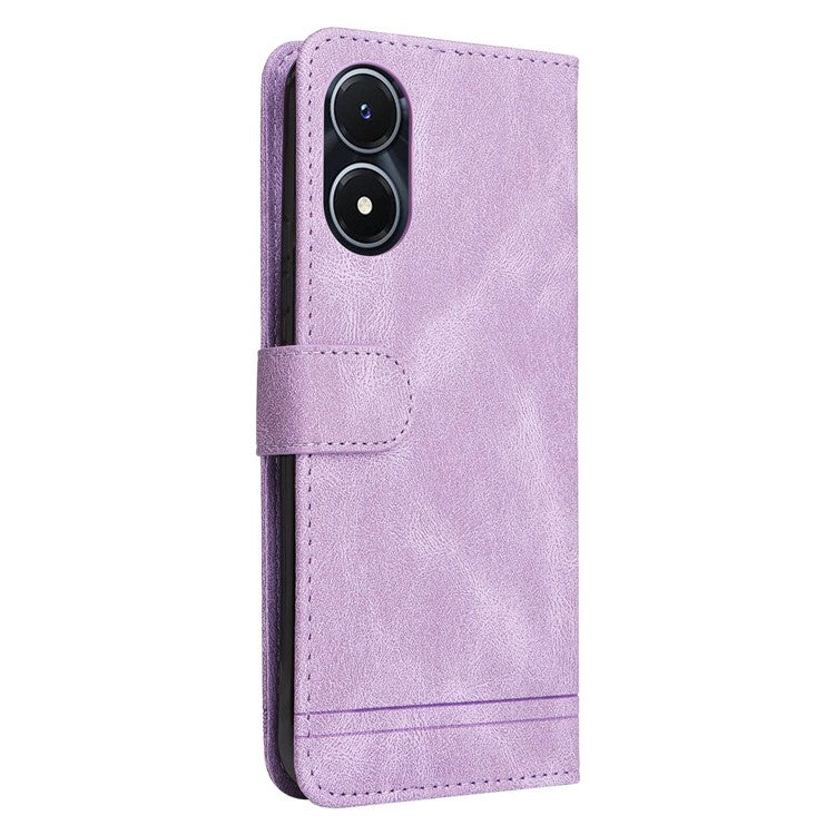 For vivo Y02s 4G / Y16 4G Lines Imprinted Skin-touch PU Leather Wallet Case Tree Pattern Metal Button Stand Flip Shockproof Cover with Strap - Purple