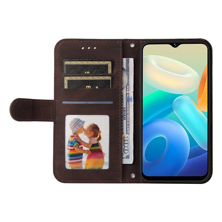 For vivo Y02s 4G / Y16 4G Lines Imprinted Skin-touch PU Leather Wallet Case Tree Pattern Metal Button Stand Flip Shockproof Cover with Strap - Brown