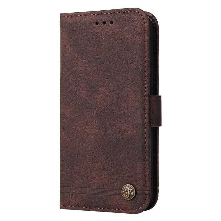 For vivo Y02s 4G / Y16 4G Lines Imprinted Skin-touch PU Leather Wallet Case Tree Pattern Metal Button Stand Flip Shockproof Cover with Strap - Brown