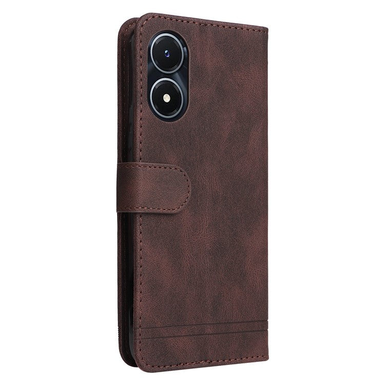 For vivo Y02s 4G / Y16 4G Lines Imprinted Skin-touch PU Leather Wallet Case Tree Pattern Metal Button Stand Flip Shockproof Cover with Strap - Brown