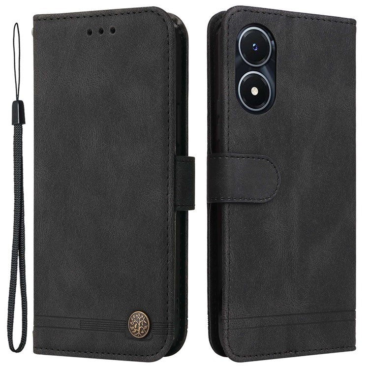 For vivo Y02s 4G / Y16 4G Lines Imprinted Skin-touch PU Leather Wallet Case Tree Pattern Metal Button Stand Flip Shockproof Cover with Strap - Black