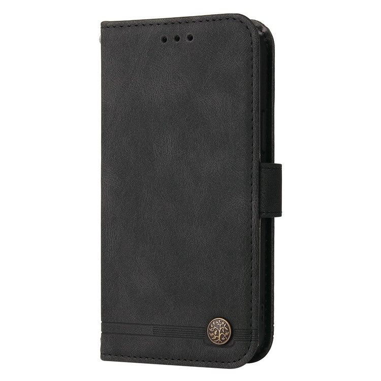 For vivo Y02s 4G / Y16 4G Lines Imprinted Skin-touch PU Leather Wallet Case Tree Pattern Metal Button Stand Flip Shockproof Cover with Strap - Black