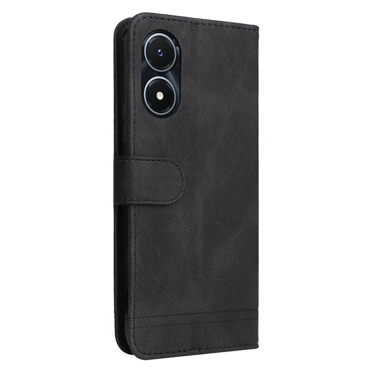 For vivo Y02s 4G / Y16 4G Lines Imprinted Skin-touch PU Leather Wallet Case Tree Pattern Metal Button Stand Flip Shockproof Cover with Strap - Black