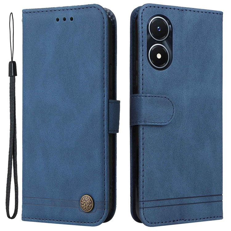 For vivo Y02s 4G / Y16 4G Lines Imprinted Skin-touch PU Leather Wallet Case Tree Pattern Metal Button Stand Flip Shockproof Cover with Strap - Blue