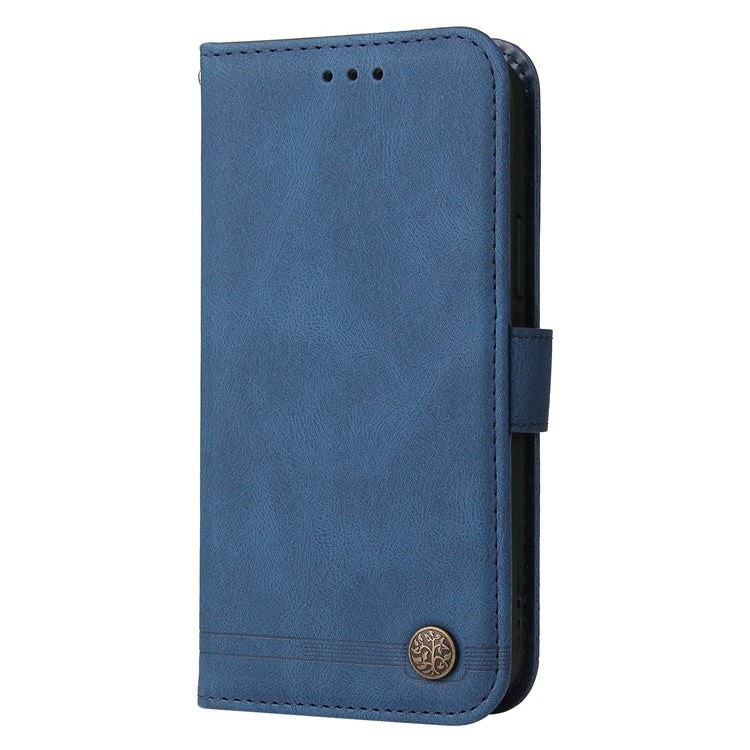 For vivo Y02s 4G / Y16 4G Lines Imprinted Skin-touch PU Leather Wallet Case Tree Pattern Metal Button Stand Flip Shockproof Cover with Strap - Blue