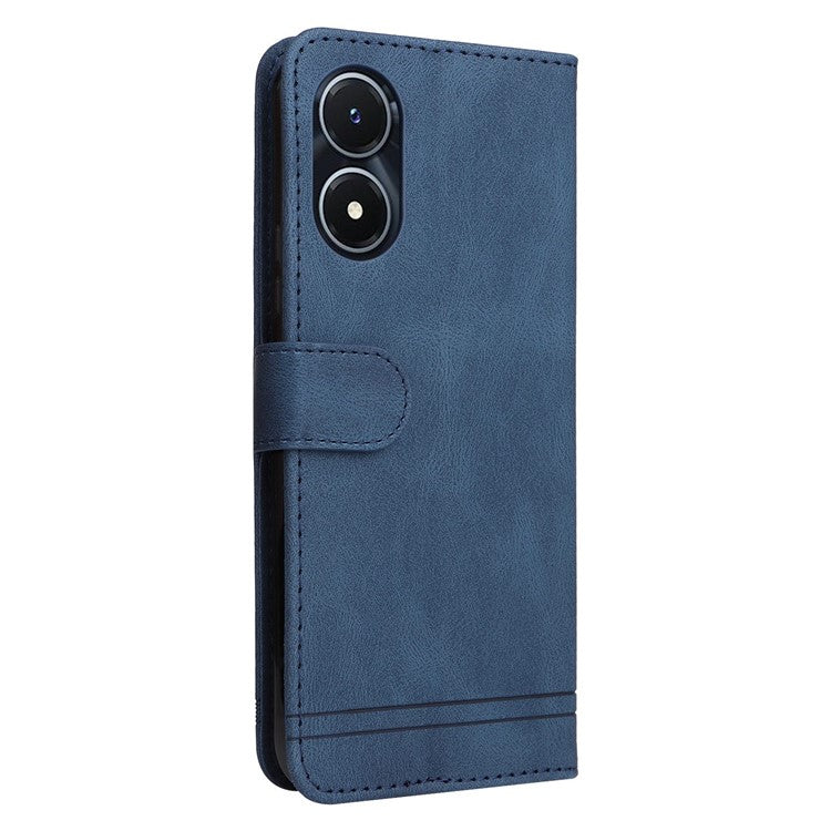 For vivo Y02s 4G / Y16 4G Lines Imprinted Skin-touch PU Leather Wallet Case Tree Pattern Metal Button Stand Flip Shockproof Cover with Strap - Blue