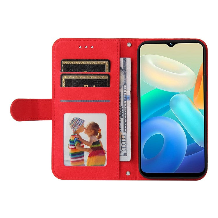 For vivo Y02s 4G / Y16 4G Lines Imprinted Skin-touch PU Leather Wallet Case Tree Pattern Metal Button Stand Flip Shockproof Cover with Strap - Red