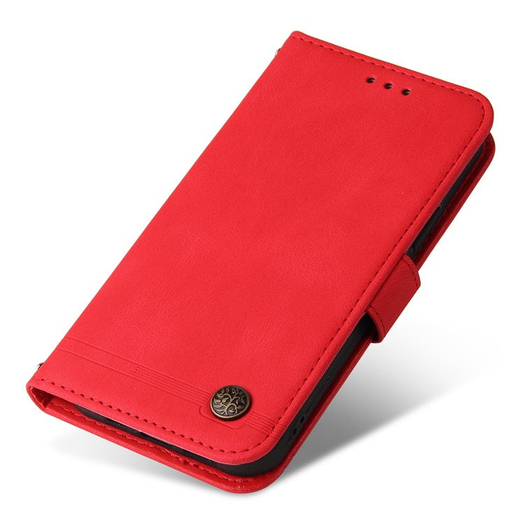 For vivo Y02s 4G / Y16 4G Lines Imprinted Skin-touch PU Leather Wallet Case Tree Pattern Metal Button Stand Flip Shockproof Cover with Strap - Red