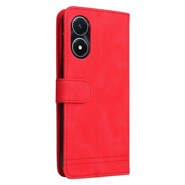 For vivo Y02s 4G / Y16 4G Lines Imprinted Skin-touch PU Leather Wallet Case Tree Pattern Metal Button Stand Flip Shockproof Cover with Strap - Red