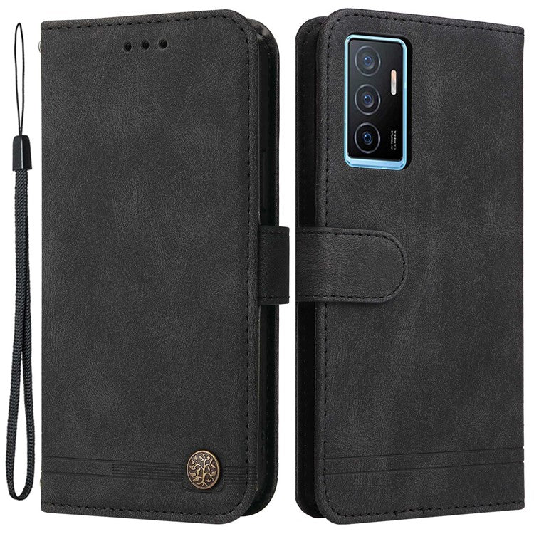 For vivo Y75 4G / V23e 4G / 5G Skin-touch PU Leather Lines Imprinted Magnetic Case Tree Pattern Metal Button Flip Stand Phone Cover with Strap - Black