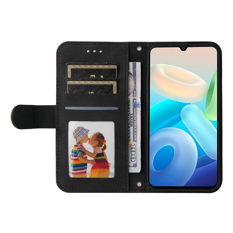 For vivo Y75 4G / V23e 4G / 5G Skin-touch PU Leather Lines Imprinted Magnetic Case Tree Pattern Metal Button Flip Stand Phone Cover with Strap - Black