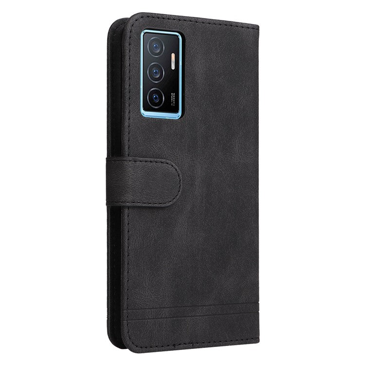 For vivo Y75 4G / V23e 4G / 5G Skin-touch PU Leather Lines Imprinted Magnetic Case Tree Pattern Metal Button Flip Stand Phone Cover with Strap - Black