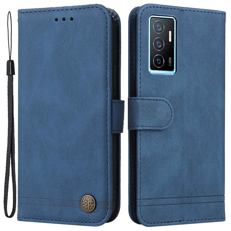 For vivo Y75 4G / V23e 4G / 5G Skin-touch PU Leather Lines Imprinted Magnetic Case Tree Pattern Metal Button Flip Stand Phone Cover with Strap - Blue