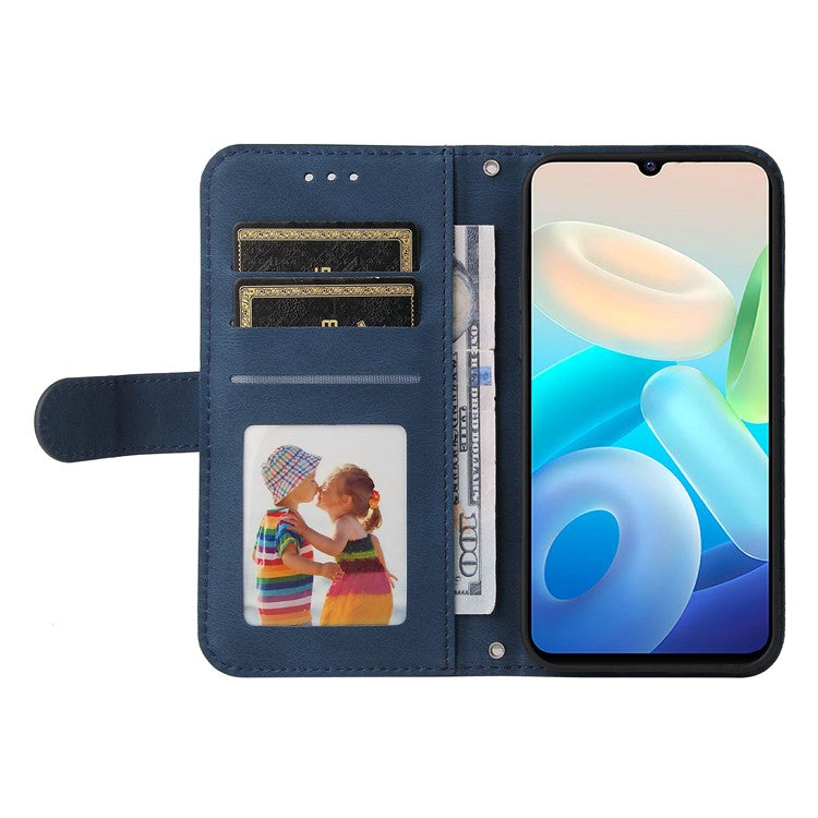 For vivo Y75 4G / V23e 4G / 5G Skin-touch PU Leather Lines Imprinted Magnetic Case Tree Pattern Metal Button Flip Stand Phone Cover with Strap - Blue