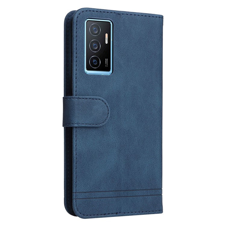 For vivo Y75 4G / V23e 4G / 5G Skin-touch PU Leather Lines Imprinted Magnetic Case Tree Pattern Metal Button Flip Stand Phone Cover with Strap - Blue