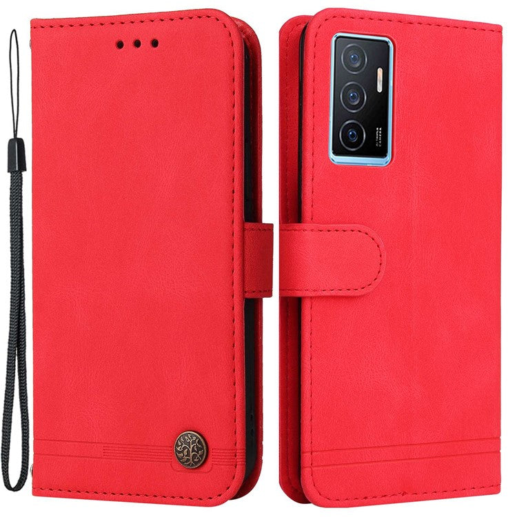 For vivo Y75 4G / V23e 4G / 5G Skin-touch PU Leather Lines Imprinted Magnetic Case Tree Pattern Metal Button Flip Stand Phone Cover with Strap - Red