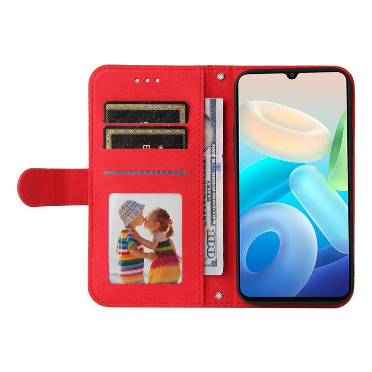 For vivo Y75 4G / V23e 4G / 5G Skin-touch PU Leather Lines Imprinted Magnetic Case Tree Pattern Metal Button Flip Stand Phone Cover with Strap - Red