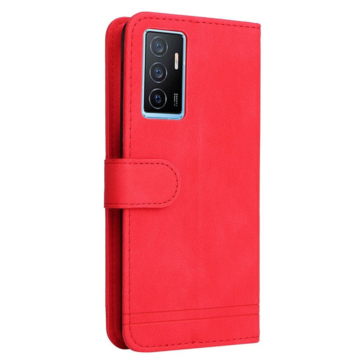 For vivo Y75 4G / V23e 4G / 5G Skin-touch PU Leather Lines Imprinted Magnetic Case Tree Pattern Metal Button Flip Stand Phone Cover with Strap - Red