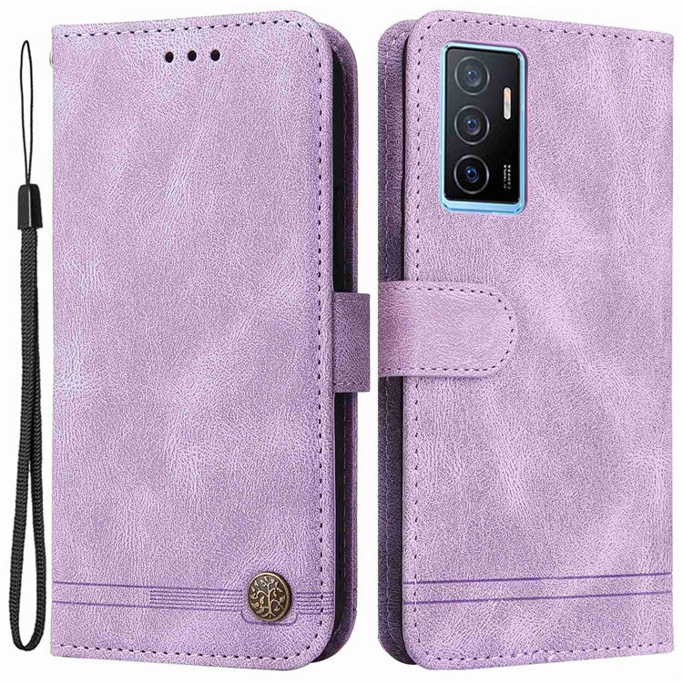 For vivo Y75 4G / V23e 4G / 5G Skin-touch PU Leather Lines Imprinted Magnetic Case Tree Pattern Metal Button Flip Stand Phone Cover with Strap - Purple