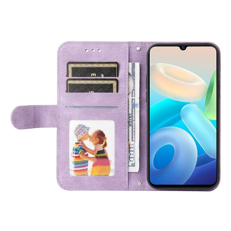 For vivo Y75 4G / V23e 4G / 5G Skin-touch PU Leather Lines Imprinted Magnetic Case Tree Pattern Metal Button Flip Stand Phone Cover with Strap - Purple