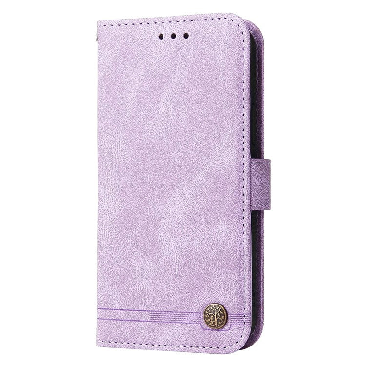 For vivo Y75 4G / V23e 4G / 5G Skin-touch PU Leather Lines Imprinted Magnetic Case Tree Pattern Metal Button Flip Stand Phone Cover with Strap - Purple