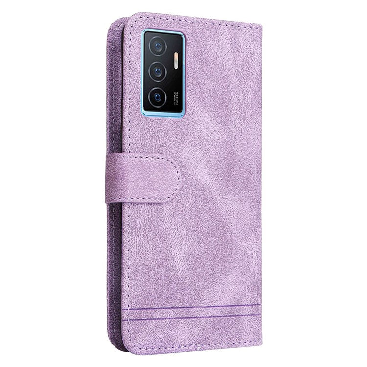 For vivo Y75 4G / V23e 4G / 5G Skin-touch PU Leather Lines Imprinted Magnetic Case Tree Pattern Metal Button Flip Stand Phone Cover with Strap - Purple