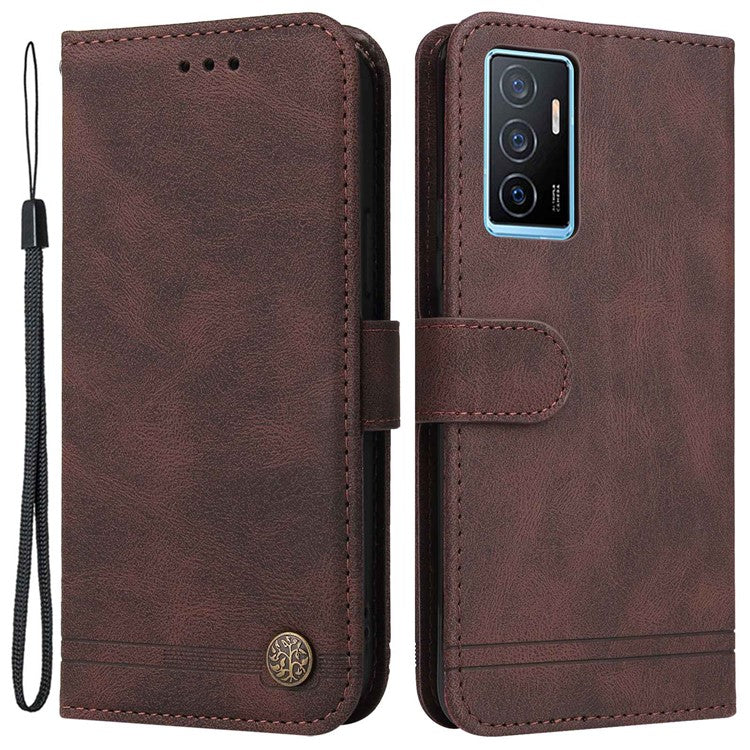 For vivo Y75 4G / V23e 4G / 5G Skin-touch PU Leather Lines Imprinted Magnetic Case Tree Pattern Metal Button Flip Stand Phone Cover with Strap - Brown