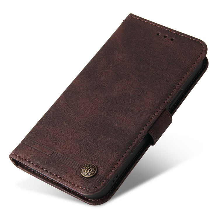 For vivo Y75 4G / V23e 4G / 5G Skin-touch PU Leather Lines Imprinted Magnetic Case Tree Pattern Metal Button Flip Stand Phone Cover with Strap - Brown