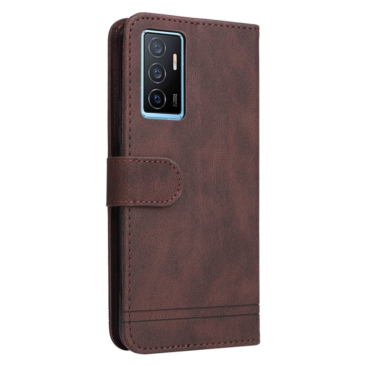 For vivo Y75 4G / V23e 4G / 5G Skin-touch PU Leather Lines Imprinted Magnetic Case Tree Pattern Metal Button Flip Stand Phone Cover with Strap - Brown