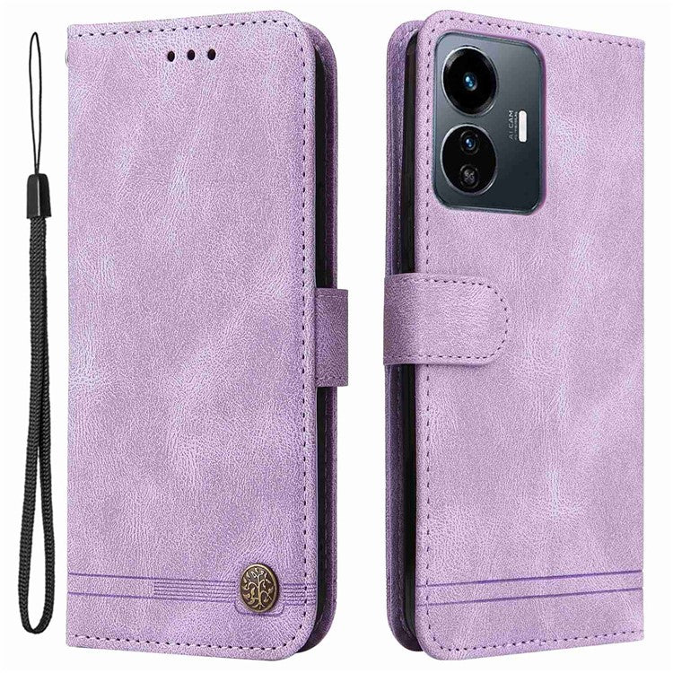 For vivo Y77 5G / Y77e 5G / Y77e (t1) 5G / iQOO Z6 Lite 5G Skin-touch PU Leather Wallet Phone Case Lines Imprinted Tree Pattern Metal Button Stand Magnetic Cover with Strap - Purple