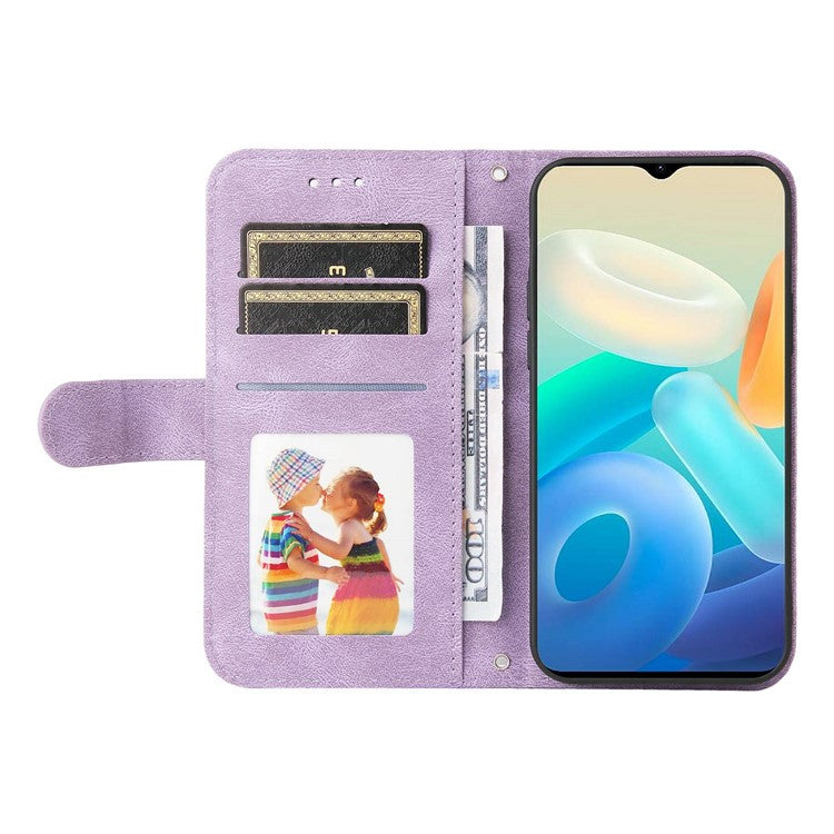 For vivo Y77 5G / Y77e 5G / Y77e (t1) 5G / iQOO Z6 Lite 5G Skin-touch PU Leather Wallet Phone Case Lines Imprinted Tree Pattern Metal Button Stand Magnetic Cover with Strap - Purple